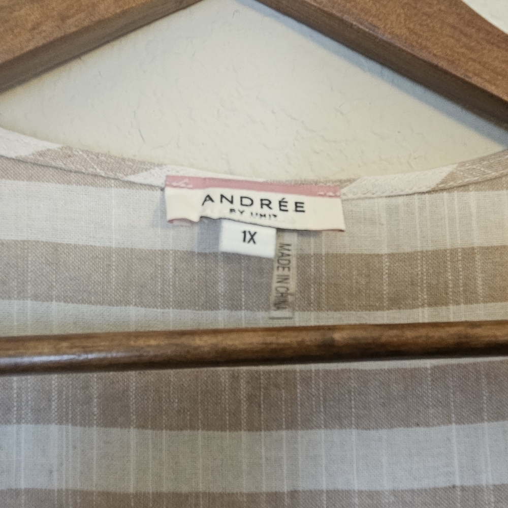 Andree By Unit Taupe Babydoll Mini Dress Womens 1X Beige Cream Stripe Lined - Picture 5 of 7